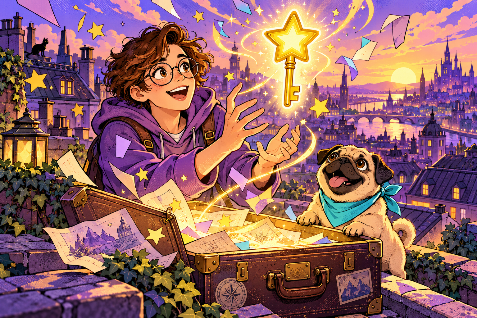 Sam and a pug discover a magical star key on a purple rooftop