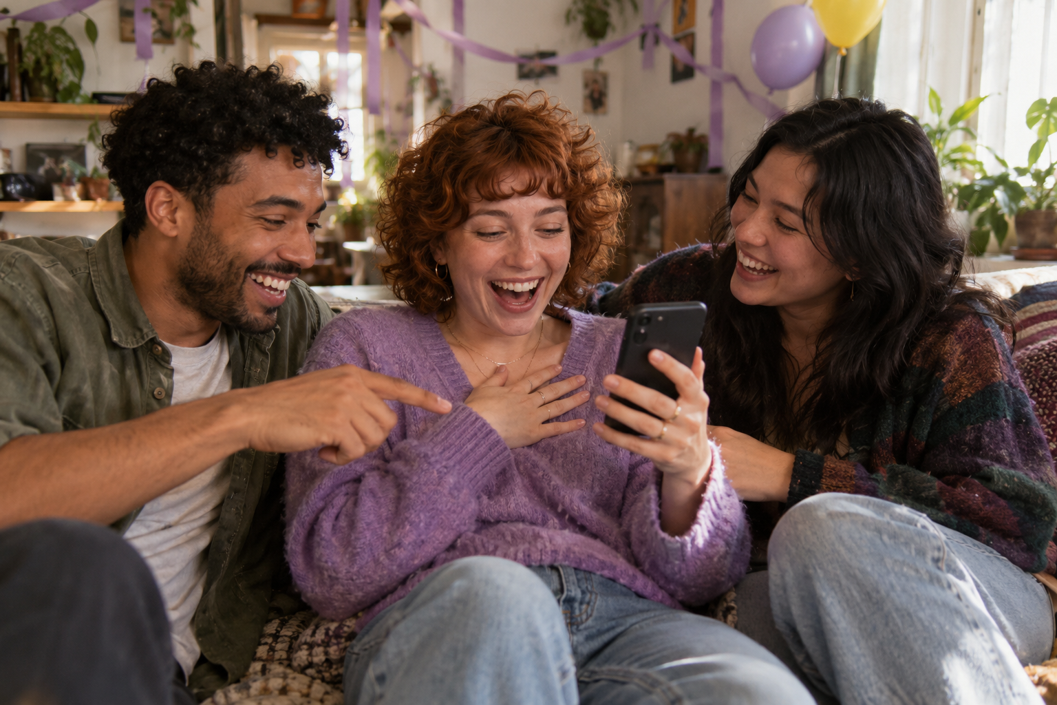 An illustrative birthday scene: friends laughing together over a phone